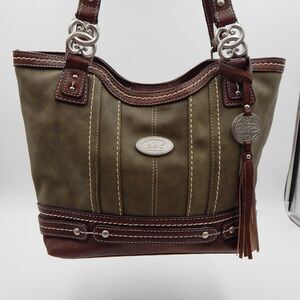 BOC Bøc Born Concept Green Tan Brown Handbag Purse Shoulder Bag Pockets